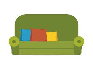 Cozy green sofa with colorful pillows. Comfortable couch. Furniture for living room. Soft seat. Colorful flat vector illustration isolated on white background.