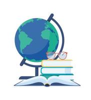 School globe and books. Back to school concept. Classroom earth model on stand. Sphere map of continent and ocean. Geography learning tool. Vector illustration.