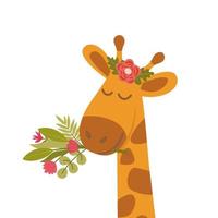 Cute cartoon giraffe with flowers. Cartoon illustration for children's fashion fabrics, textile graphics, prints. Vector illustration.