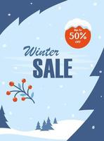 Winter sale social network banner, flyer with winter landscape snowy background, snowflakes, tree and discount. Vector illustration.