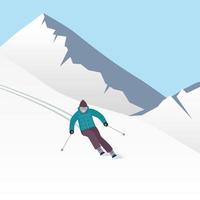 Winter mountain landscape with skier, racing down the slope. Winter sports vacation banner. Vector illustration.