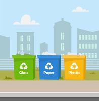 Containers with waste. Recycling and sorting garbage. City landscape on background. Blue, green, yellow trash bins with recycling symbols. Containers for glass, paper and plastic. Vector illustration.