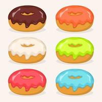 Donuts with different color frosting, set. Side view donuts in glaze for cafe menu design, cafe decoration, discount voucher, flyer, advertising poster. Vector illustration.