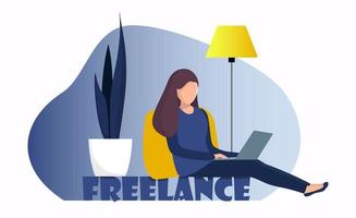 Woman freelancer sitting at home with laptop. Girl with laptop doing remote work. Online freelance work concept illustration for web page or mobile app. Modern flat style vector. vector