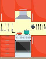 Modern stylish kitchen interior. Kitchen utensils and appliances, furniture, gas stove. Pan and frying pan on the stove. Vector illustration in flat style.