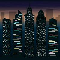 The skyscrapers of the big city at night. Night city landscape. Vector flat illustration.