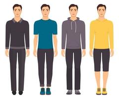 Young man standing in full growth in different clothes. Man in elegant, casual, sport clothes. Basic wardrobe. Vector illustration, isolated.