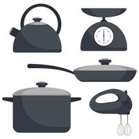 Kitchen utensils, set. Frying pan, saucepan, kettle, mixer, scales. Vector flat illustration.