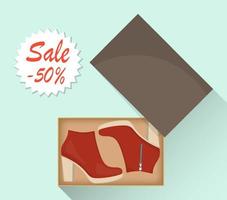 Stylish modern women s high heel boots in box, side view. Sale with a discount of 50 percent. Casual women s shoes. Illustration for a shoe store. Vector flat illustration.