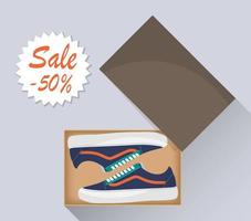 zapatillas modernas con estilo en caja, vista lateral. venta con un descuento del 50 por ciento. calzado deportivo o informal. ilustración para una zapatería. ilustración plana vectorial. vector