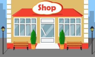 Beautiful modern store front with big windows and sign Shop on the facade. Cartoon vector illustration.