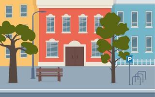 City street with houses facades. Urban landscape. City buildings along wide street with trees, bench, street lamp and bicycle parking. Vector illustration in flat style.