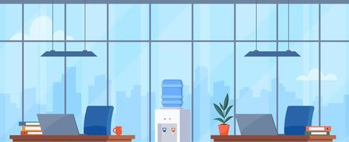Empty office workspace. Coworking office interior with tables, laptops, big window. Modern center, creative workplace. Horizontal banner. Vector illustration.