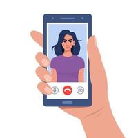 Hand holds smartphone during video call. Young woman on smartphone screen with connection icons. Communication online using the phone. Talking through video call. Chatting online. Vector illustration.