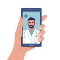 Smartphone screen with male therapist. Chat in messenger with doctor. Online consultation. Online medical advise or consultation service, telemedicine, cardiology. Vector illustration.