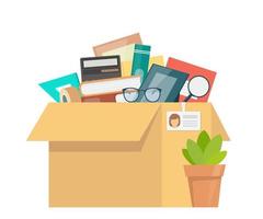 Office accessories in cardboard box. Working stuff, documents, plant, photo frame, calculator, glasses. Moving into a new office. Flat style vector illustration.