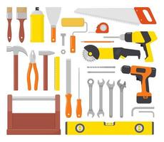 Collection of working tools. Repair and construction tools icon set. Hammer, pliers, chisel, file, screwdriver, brush, spatula, wrench, saw, drill, ruler, grinder, tool box. Vector flat illustration.