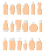 Set of beige flat cosmetic bottles. Cream, shampoo, gel, spray, tube and soap. Skin and body care, toiletres. Products for beauty and cleanser. Vector illustration in flat style