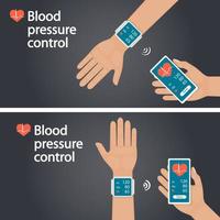 Measurement and monitoring of blood pressure with modern gadgets and mobile applications. Man checking arterial blood pressure with digital device tonometer. Healthcare. Flat vector illustration.