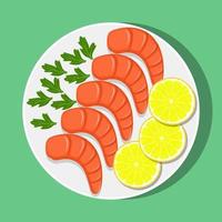 Shrimps with lemon and herbs on white plate, top view. Seafood. Vector illustration in flat style.