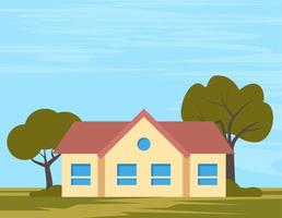 Suburban American house exterior front view and some trees. private house, cottage, vector Illustration.