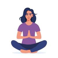 mujer joven sentada con las piernas cruzadas en el suelo y meditando. meditación, relajación en casa, práctica espiritual, yoga y ejercicios de respiración. ilustración vectorial plana. vector