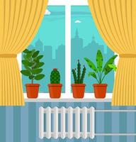 Big window with curtain and plants in pots on the windowsill. City outside the window. Vector illustration in flat style.