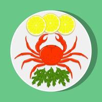 Big red crab on white plate with lemon slices and herbs. Vector flat illustration.