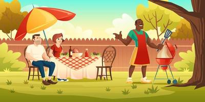 BBQ party, picnic on backyard with cooking grill vector