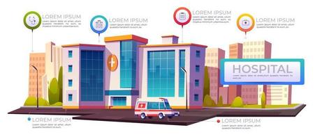 Hospital infographics, clinic buildings with car vector