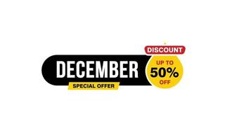 Oferta de descuento del 50 por ciento de diciembre, liquidación, diseño de banner de promoción con estilo de etiqueta. vector