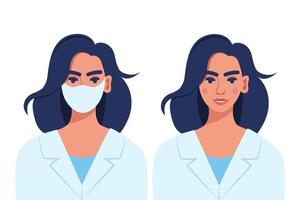 retrato de mujer, médico o enfermera con bata médica, que lleva mascarilla y sin mascarilla. ilustración vectorial vector