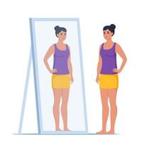 Beautiful slim woman in front of mirror. Idea of weight loss and healthy living. Beautiful female character after losing weight. Weight loss concept. Vector illustration.