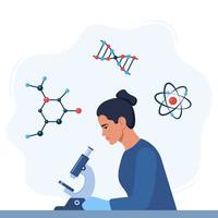 Woman Scientist, Chemical Researcher with Microscope. atom, a molecule of organic substance, a fragment of a DNA chain. Experiment concept. Vector illustration.