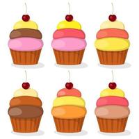 Cupcakes with colored cream and cherry, set. Vector illustration.