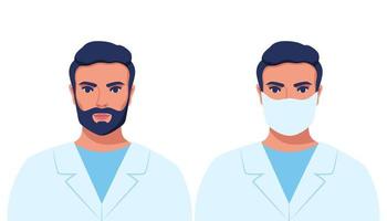 retrato de hombre, médico o enfermero con túnica médica, que lleva mascarilla y sin mascarilla. ilustración vectorial