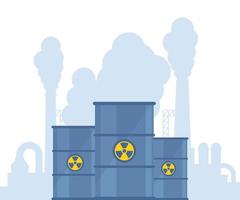 Radioactive waste in barrels and highly polluting factory plant with smoking towers and pipes on background. Barrel with radioactive hazard icon. Ecology, environmental pollution. Vector illustration.