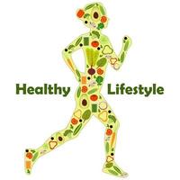 silueta de una mujer corriendo, llena de íconos de vegetales. conjunto de iconos de ilustración de estilo de vida saludable para infografías. vector