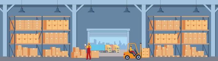 Warehouse Interior with Boxes On Rack And People Working. Logistic Delivery Service Concept. Vector illustration.