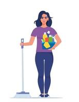 Cute woman character stands with brush for sweeping the floor and set of detergents. Cleaning concept vector illustration. Woman cleans the house. Cleaning service. Spring cleaning.