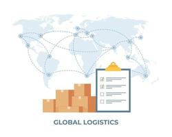 concepto de transporte de logística de carga. red logística mundial. portapapeles con lista de verificación y pila de cajas, mapa mundial en el fondo. importación y exportación. transporte mundial de carga. vector. vector