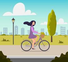 Beautiful young woman riding on a bicycle with flowers in a basket. Pretty girl in nice dress with fluttering hair in the wind rushes on bike. Vector flat illustration.