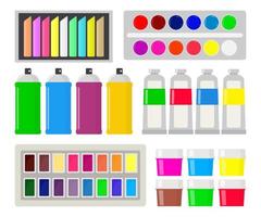 Collection of various types of paint gouache, watercolor, oil paint, spray paint, chalk, pastel. Art supplies. Drawing creative materials for workshops designs. vector