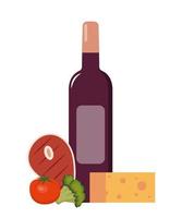 Red wine and grilled steak with vegetables. Set of products for dinner. Flat style vector illustration.