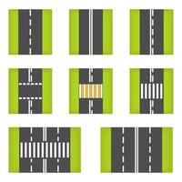 Asphalt road with marking of different types, set. Vector illustration.