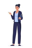 Woman introduce, show and present something. Business speaker standing with clipboard and pointing direction, gesturing with arm. Female presenter. Vector illustration.
