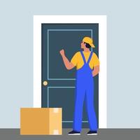 Delivery character man in blue and yellow uniform stands in front of the door with box. The courier delivered the box and knocks on the customer's door. Vector illustration.