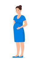 Cute pregnant woman standing and holds hands the big belly. Happy beautiful pregnant woman character. Girl expecting a baby. Maternity concept. Vector Illustration.