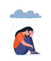 Young depressed woman sitting under metaphoric rainy cloud. Lonely sad female hugging her knees. Concept of depression, mental health, psychology problem, abuse and harassment. Vector illustration.