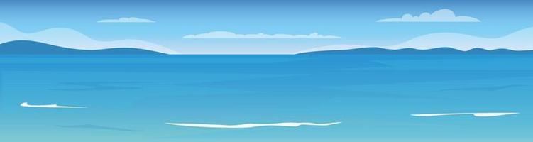 Blue sea and sky background. Sea surface, mountains on the horizon, waves. Vector illustration.